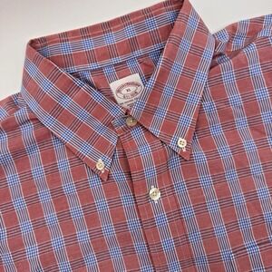 Brooks Brothers Men XL Supima Long Sleeve Button Up Shirt Pink Plaid Regular Fit